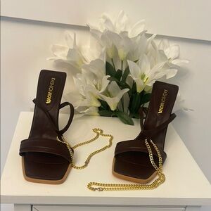 Fashion Nova Brown Strappy Heels with Gold Chain